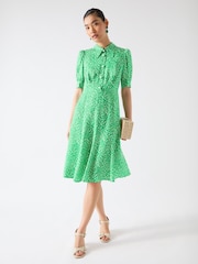 LK Bennett Green Esme Jelly Bean & Birch Viscose Ikat Spot Print Fit & Flare Collared Dress - Image 3 of 3