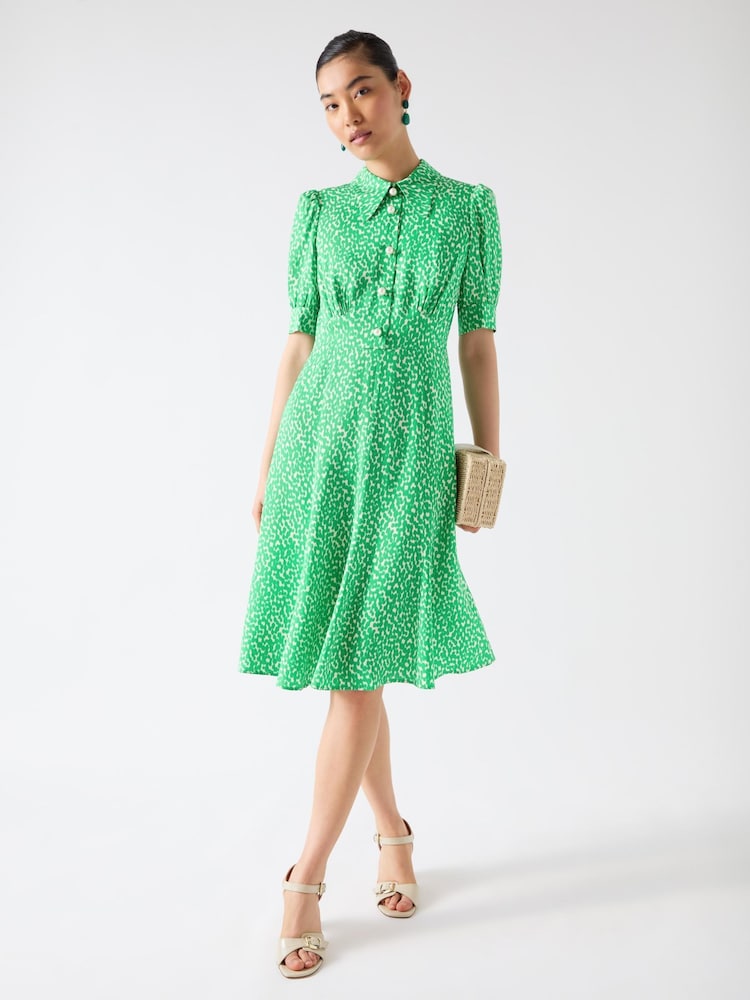 LK Bennett Green Esme Jelly Bean & Birch Viscose Ikat Spot Print Fit & Flare Collared Dress - Image 3 of 3