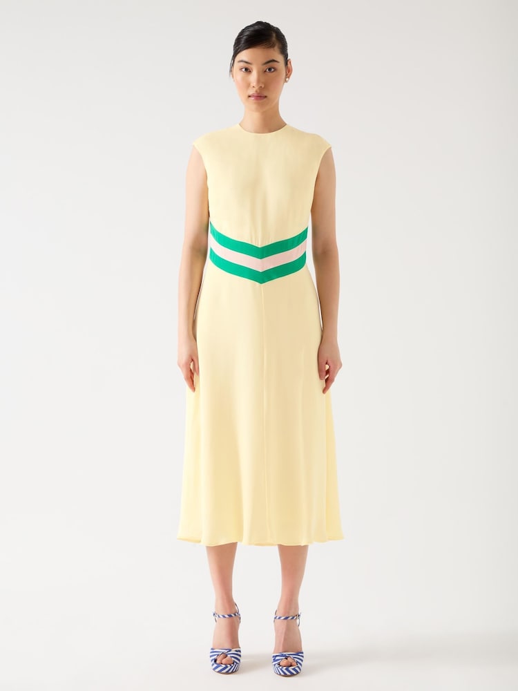 LK Bennett Yellow Rami Flan Multi Viscose Colour Block Waist Crepe Dress - Image 1 of 3