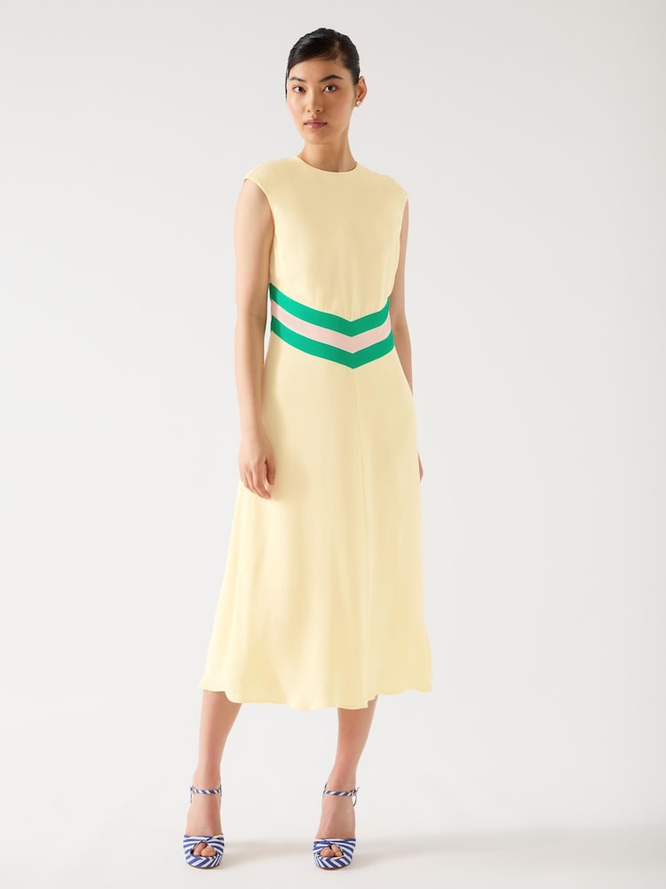 LK Bennett Yellow Rami Flan Multi Viscose Colour Block Waist Crepe Dress - Image 2 of 3