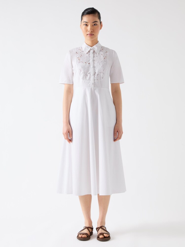 LK Bennett White Grace 100% Cotton Embroidered Lace Panel Bib Dress - Image 1 of 3