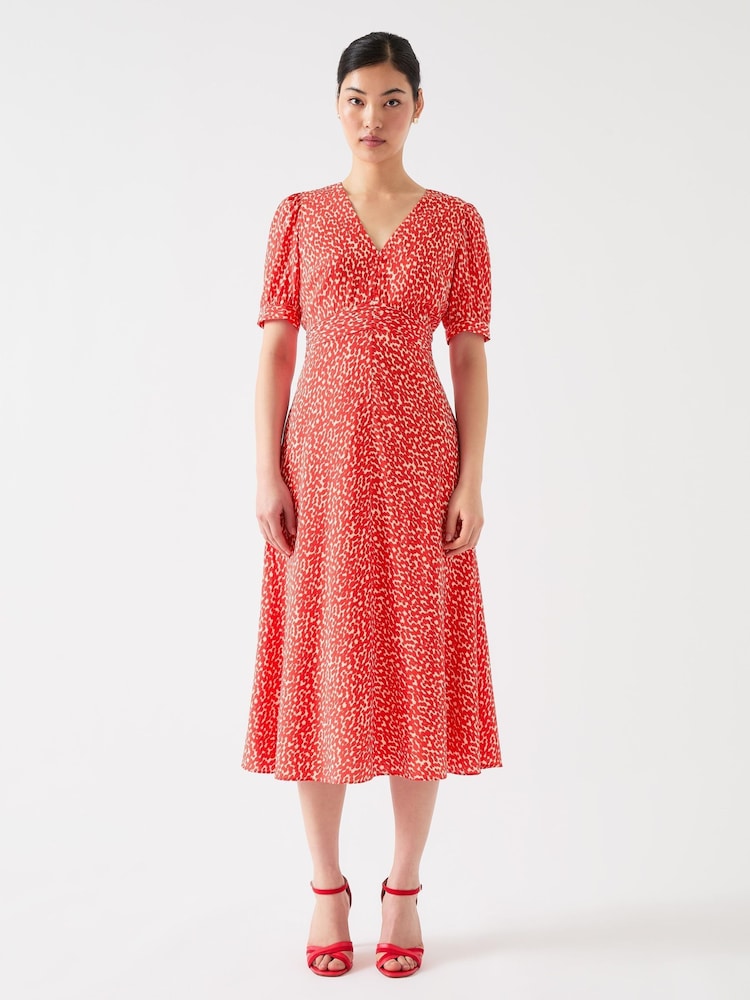LK Bennett Red Rosamund Aurora Silk Blend Ikat Spot Print Silk Blend Dress - Image 1 of 4