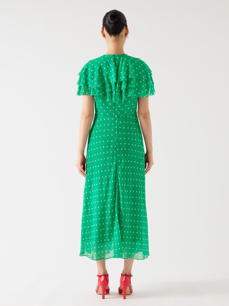 LK Bennett Green Ellen Jelly Bean & Birch Viscose Polka Dot Print Frill Collar Dress - Image 2 of 4