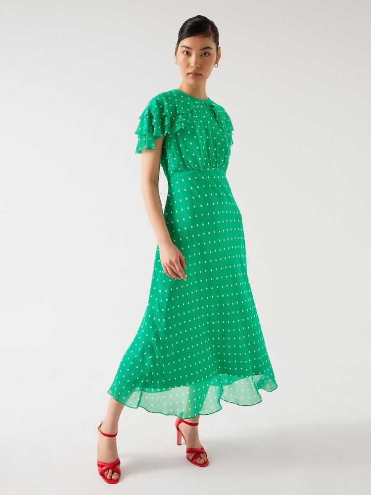 LK Bennett Ellen Jelly Bean & Birch Viscose Polka Dot Print Frill Collar Dress - Image 3 of 4