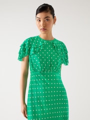 LK Bennett Green Ellen Jelly Bean & Birch Viscose Polka Dot Print Frill Collar Dress - Image 4 of 4
