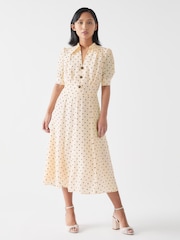 LK Bennett Cream Sophie Petite Viscose Blend 30'S Polka Dot Print Collared Dress - Image 1 of 4