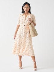 LK Bennett Cream Sophie Petite Viscose Blend 30'S Polka Dot Print Collared Dress - Image 2 of 4