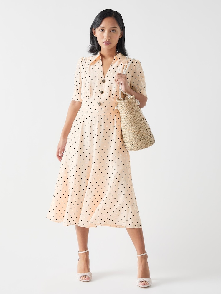 LK Bennett Cream Sophie Petite Viscose Blend 30'S Polka Dot Print Collared Dress - Image 2 of 4