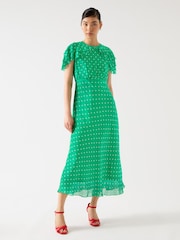 LK Bennett Green Petite Ellen Jelly Bean & Birch Viscose Polka Dot Print Frill Collar Dress - Image 1 of 3