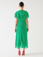 LK Bennett Green Petite Ellen Jelly Bean & Birch Viscose Polka Dot Print Frill Collar Dress - Image 2 of 3