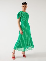 LK Bennett Green Petite Ellen Jelly Bean & Birch Viscose Polka Dot Print Frill Collar Dress - Image 3 of 3