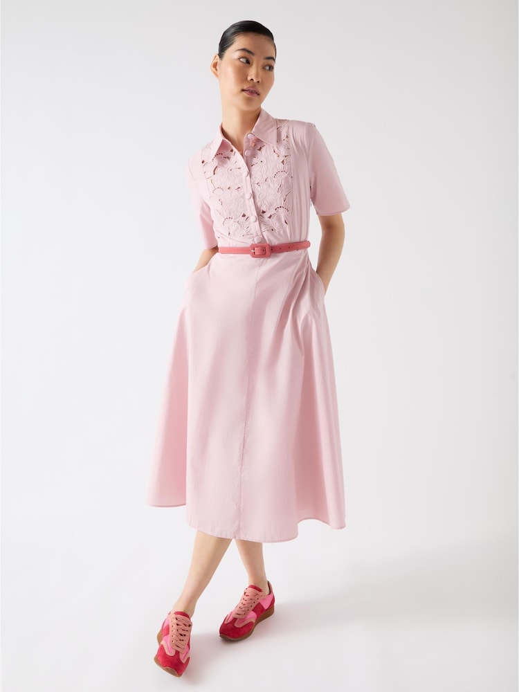 LK Bennett Pink Grace 100% Cotton Embroidered Lace Panel Bib Dress - Image 1 of 5