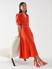 LK Bennett Red Petite Lou Aurora Viscose Contrast Trim Satin Crepe Dress - Image 1 of 4
