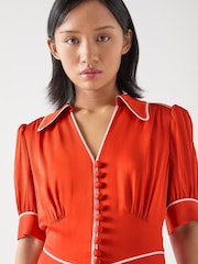 LK Bennett Red Petite Lou Aurora Viscose Contrast Trim Satin Crepe Dress - Image 3 of 4