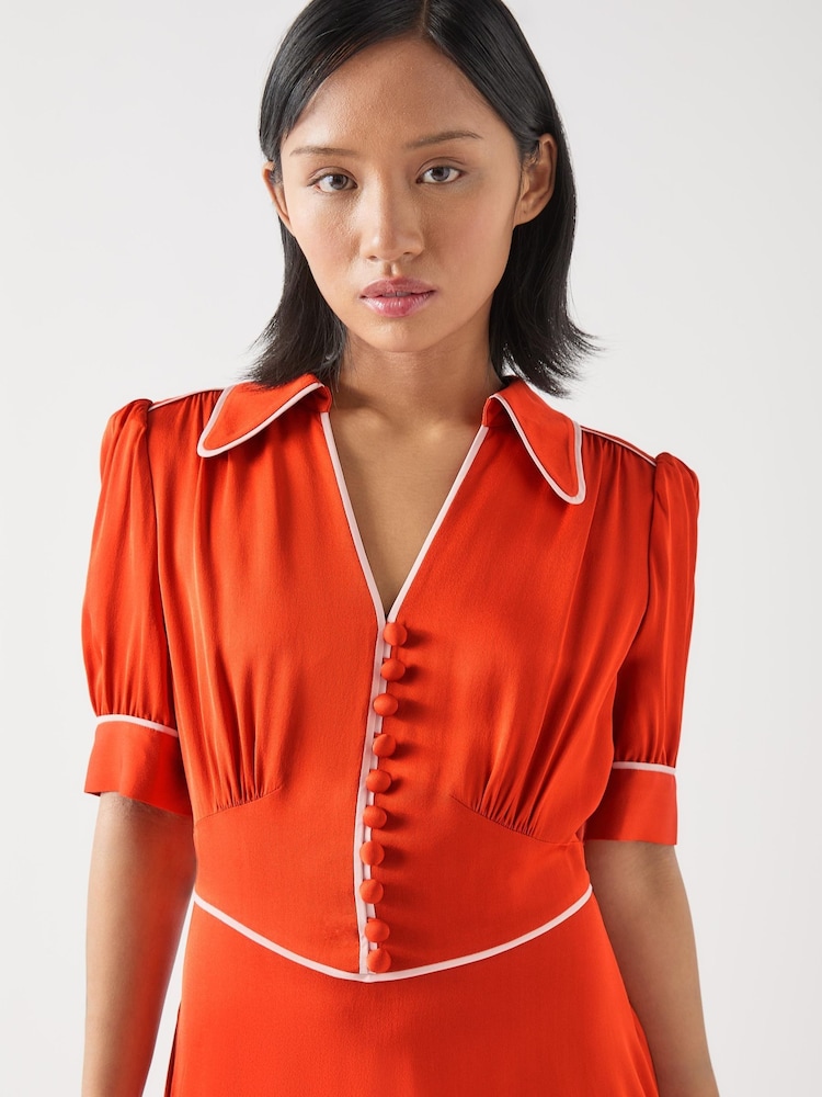 LK Bennett Red Petite Lou Aurora Viscose Contrast Trim Satin Crepe Dress - Image 4 of 4
