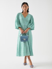 LK Bennett Green Lola Petite Birch Viscose Blend Blossom Print Jacquard Dress With Statement Sleeve - Image 1 of 3