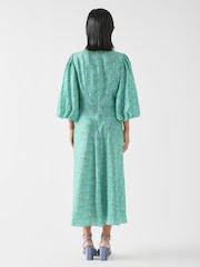 LK Bennett Green Lola Petite Birch Viscose Blend Blossom Print Jacquard Dress With Statement Sleeve - Image 2 of 3