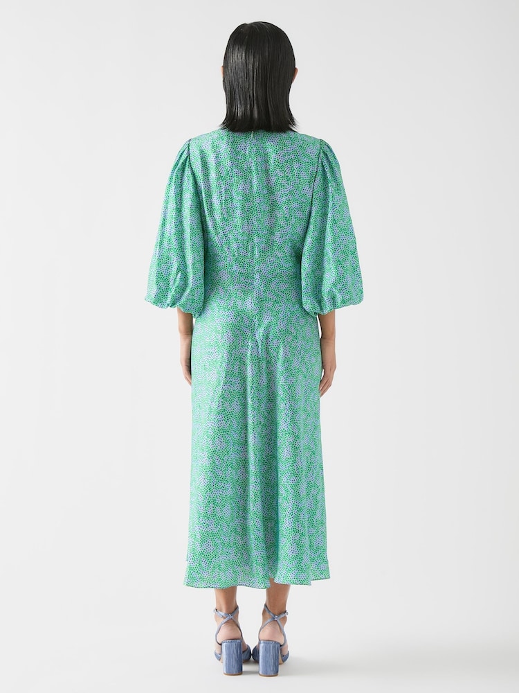 LK Bennett Green Lola Petite Birch Viscose Blend Blossom Print Jacquard Dress With Statement Sleeve - Image 2 of 3