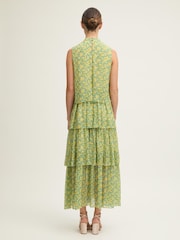 LK Bennett Yellow Petite Kristin Italian Straw Multi Viscose Blossom Print Tiered Georgette Dress - Image 2 of 4