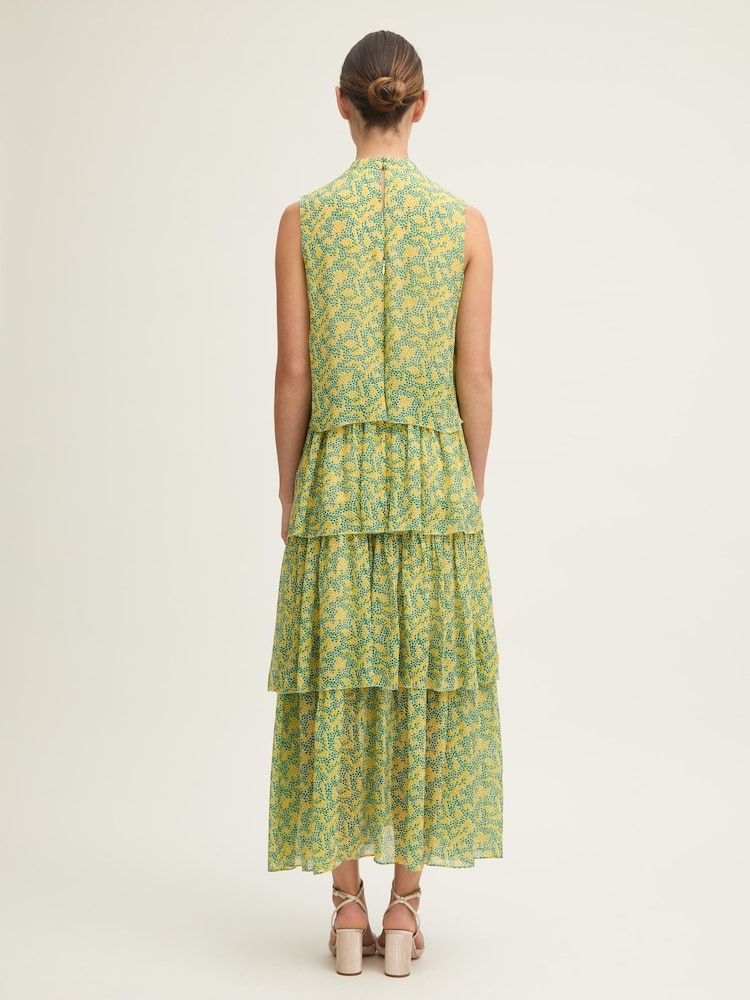 LK Bennett Yellow Petite Kristin Italian Straw Multi Viscose Blossom Print Tiered Georgette Dress - Image 2 of 4
