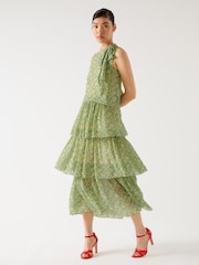 LK Bennett Yellow Petite Kristin Italian Straw Multi Viscose Blossom Print Tiered Georgette Dress - Image 3 of 4