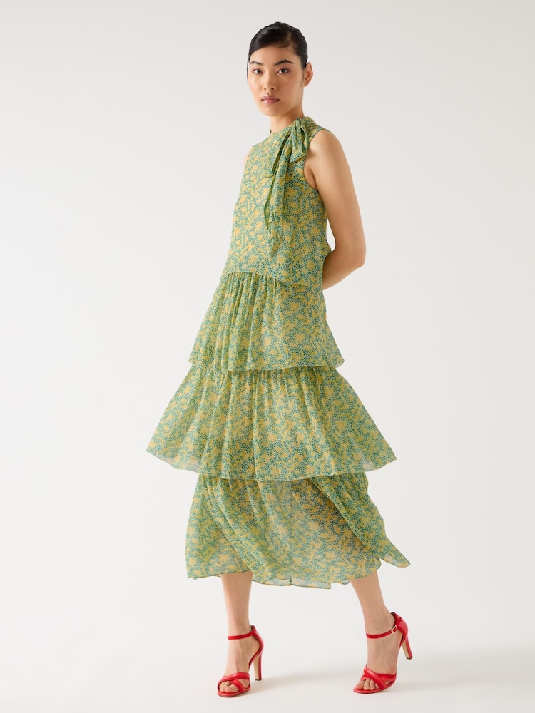 LK Bennett Yellow Petite Kristin Italian Straw Multi Viscose Blossom Print Tiered Georgette Dress - Image 3 of 4