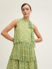 LK Bennett Yellow Petite Kristin Italian Straw Multi Viscose Blossom Print Tiered Georgette Dress - Image 4 of 4