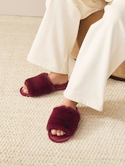 Berry Red Faux Fur Slider Slippers - Image 1 of 8