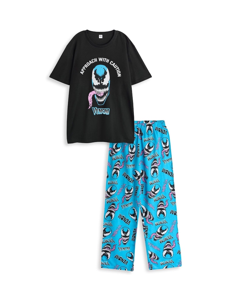 Vanilla Underground Black Mens Marvel Venom Black Short Sleeve Long Leg 100% Cotton Pyjamas Set - Image 1 of 6