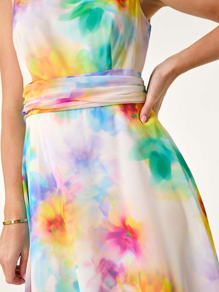 Roman White Petite Floral Print Ruched Midi Dress - Image 5 of 5