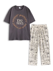 Vanilla Underground Grey Mens Lord Of The Rings Grey Short Sleeve Long Leg 100% Cotton Pyjamas Set - Image 1 of 6