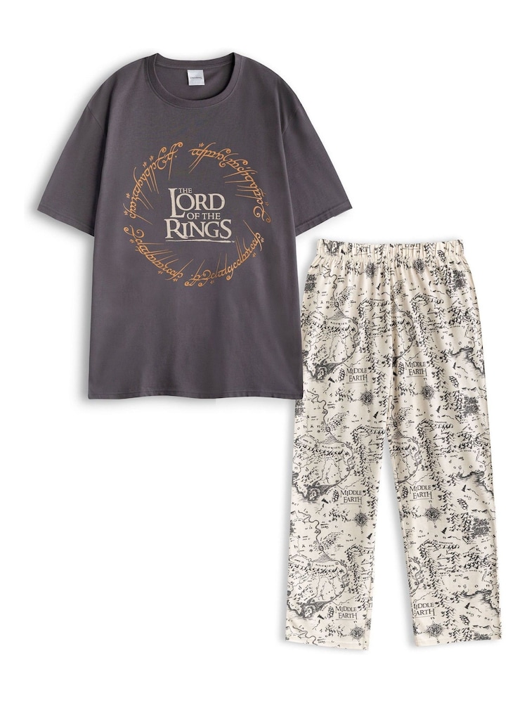 Vanilla Underground Grey Mens Lord Of The Rings Grey Short Sleeve Long Leg 100% Cotton Pyjamas Set - Image 1 of 6