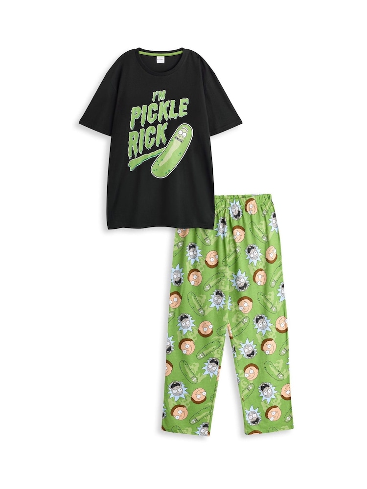 Vanilla Underground Green Mens Rick And Morty Multicoloured Short Sleeve Long Leg 100% Cotton Pyjamas Set - Image 1 of 6