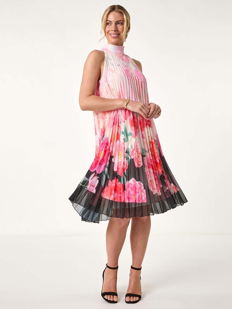 Roman Pink Petite Floral Print Halter Pleat Dress - Image 1 of 5 Roman Pink Petite Floral Print Halter Pleat Dress - Image 1 of 5
