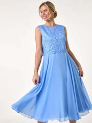 Roman Blue Petite Lace Overlay Midi Dress - Image 1 of 5