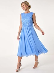 Roman Blue Petite Lace Overlay Midi Dress - Image 2 of 5