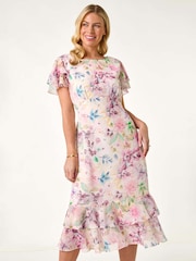 Roman Pink Petite Floral Print Double Frill Dress - Image 1 of 5