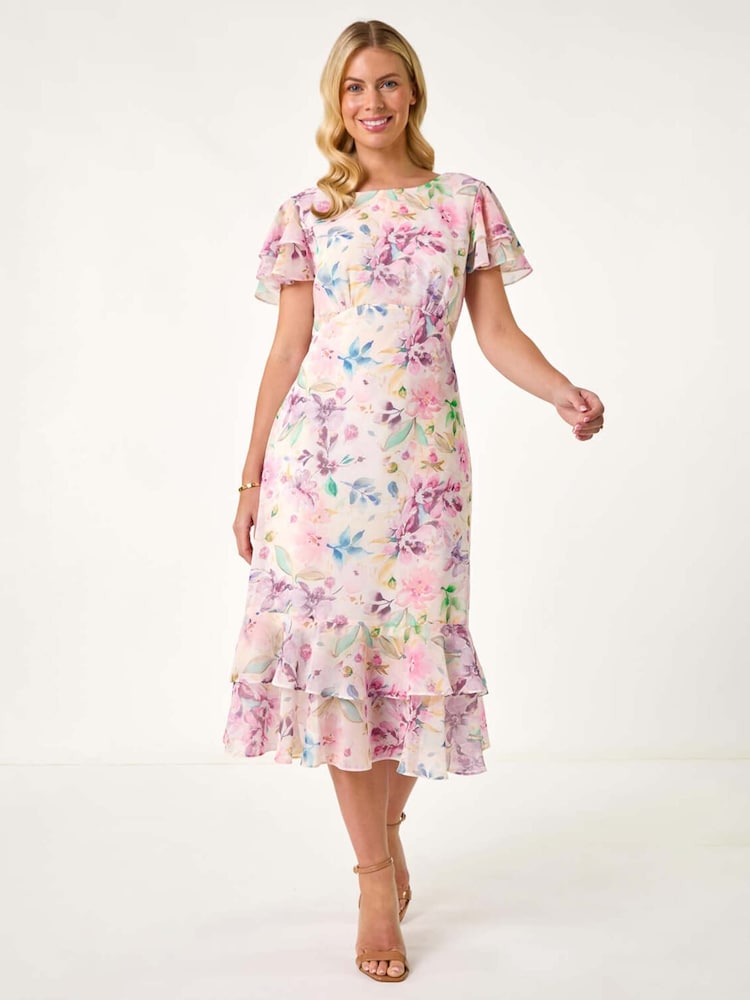 dusty pink floral print frill detail midi dress Light Pink Floral Short Ruffle Sleeve Round Neck Midi Dress