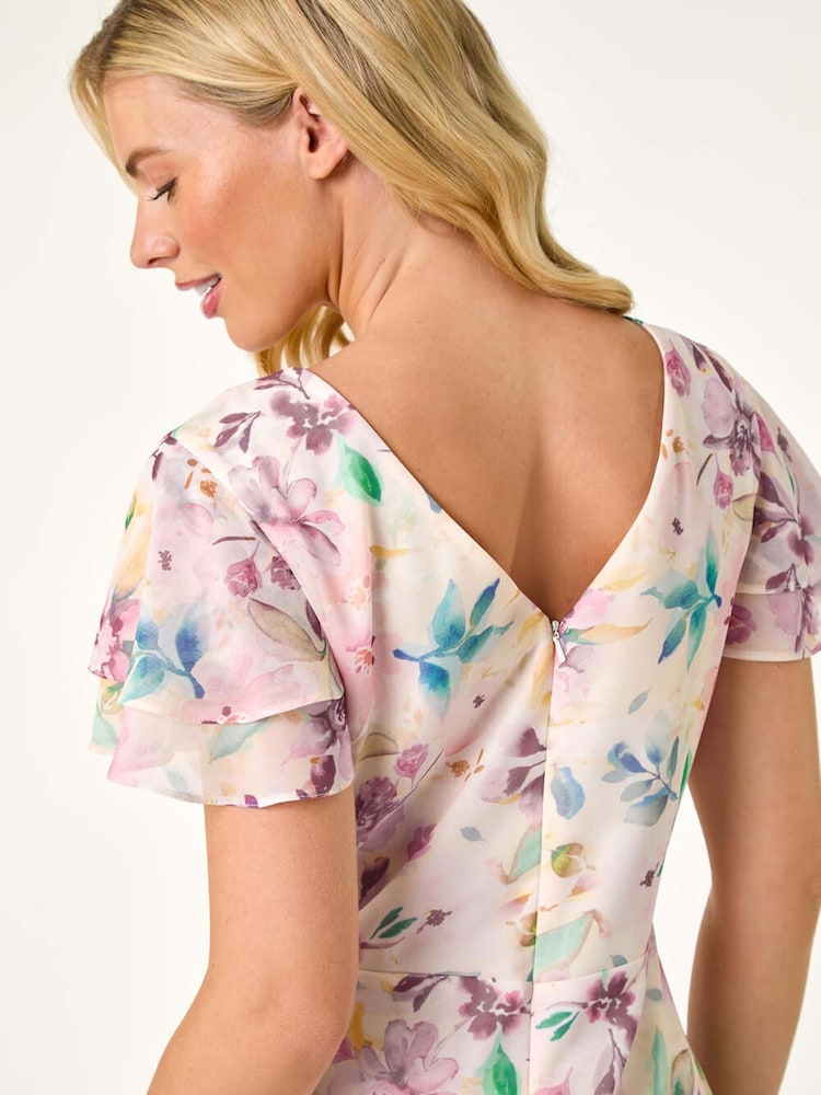 Roman Pink Petite Floral Print Double Frill Dress - Image 5 of 5