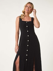 Roman Black Petite Square Neck Buttoned Midi Dress - Image 1 of 5