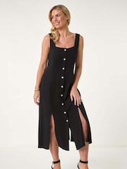 Roman Black Petite Square Neck Buttoned Midi Dress - Image 2 of 5