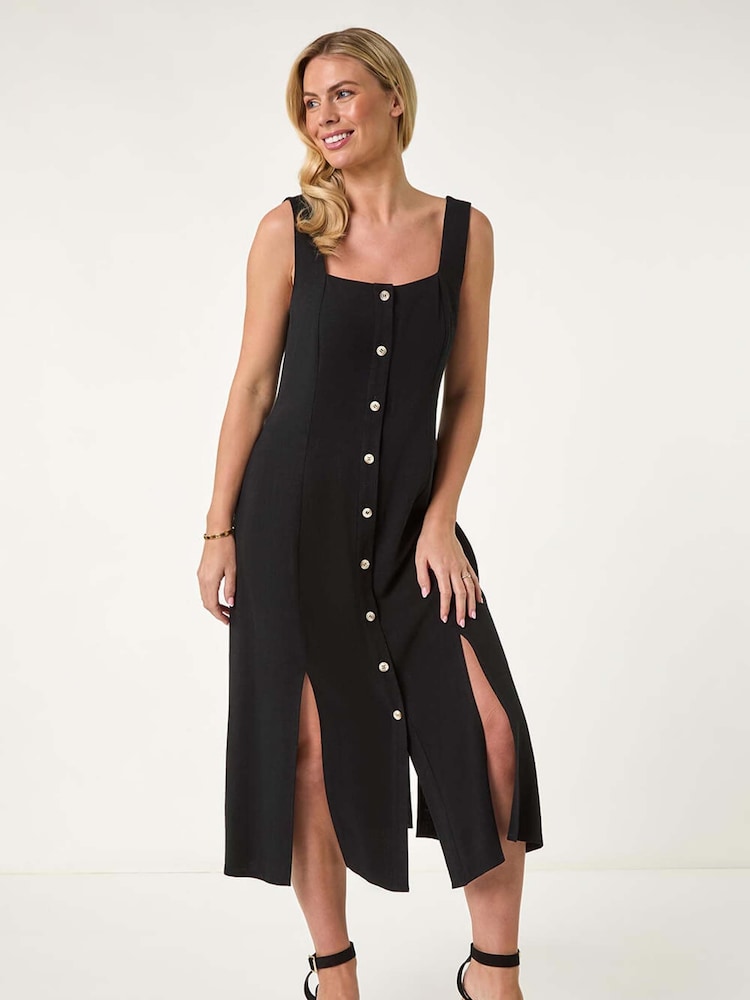 Roman Black Petite Square Neck Buttoned Midi Dress - Image 2 of 5