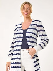 Roman Blue Petite Stripe Pointelle Knit Cardigan - Image 1 of 5