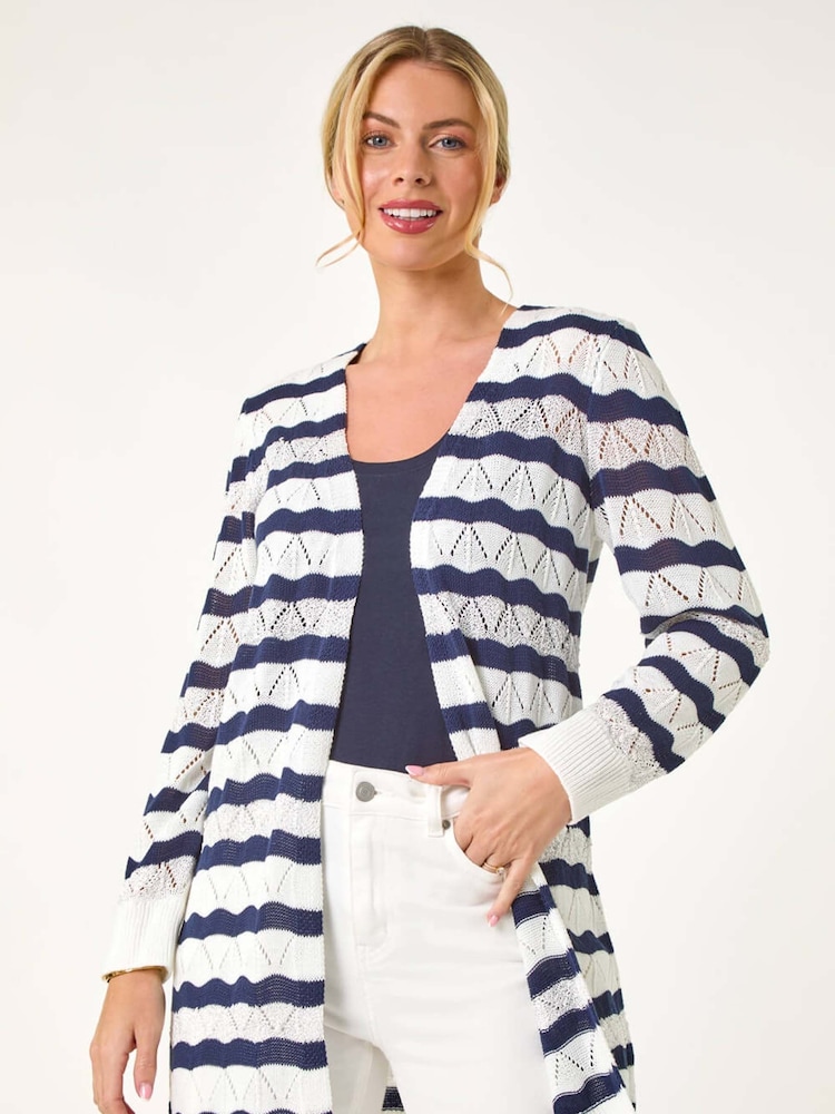 Roman Blue Petite Stripe Pointelle Knit Cardigan - Image 1 of 5