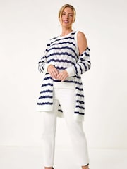 Roman Blue Petite Stripe Pointelle Knit Cardigan - Image 2 of 5