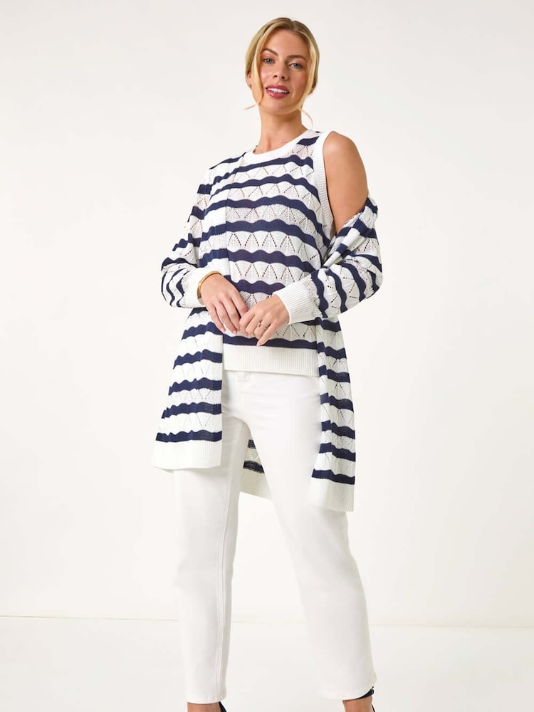 Roman Blue Petite Stripe Pointelle Knit Cardigan - Image 2 of 5 Roman Blue Petite Stripe Pointelle Knit Cardigan - Image 2 of 5