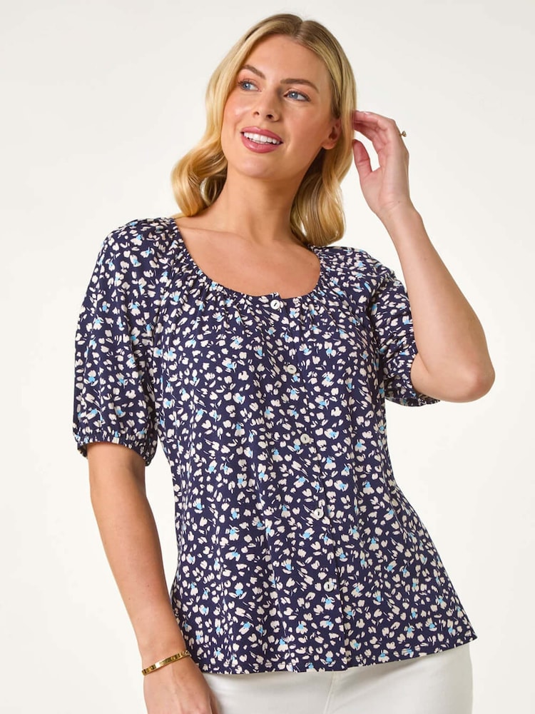 Roman Blue Petite Ditsy Print Button Front Top - Image 1 of 5