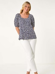 Roman Blue Petite Ditsy Print Button Front Top - Image 2 of 5