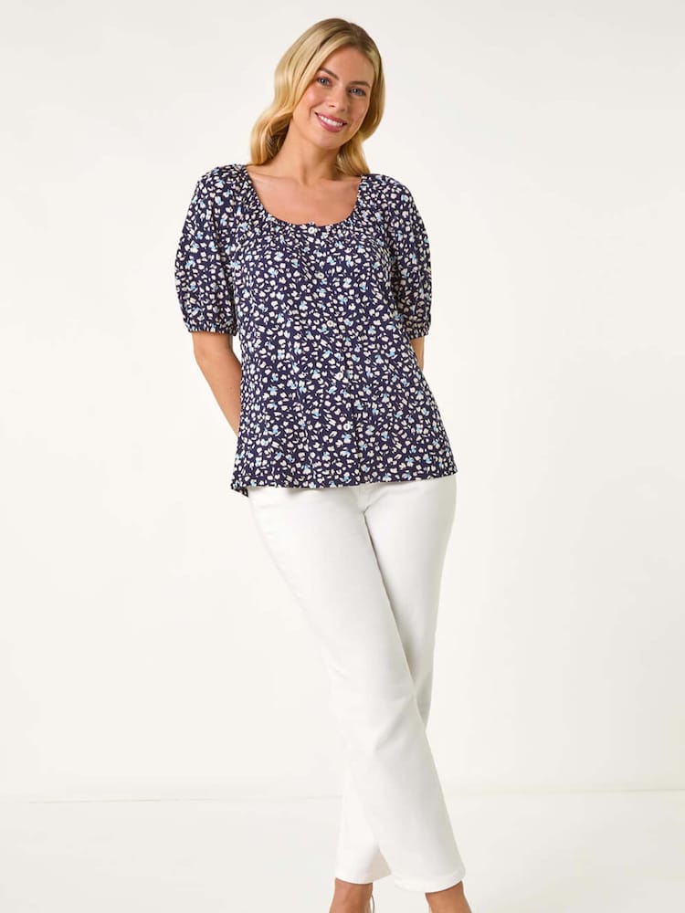 Roman Blue Petite Ditsy Print Button Front Top - Image 2 of 5
