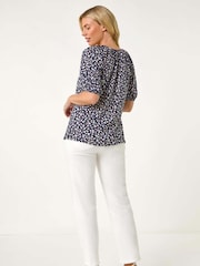 Roman Blue Petite Ditsy Print Button Front Top - Image 3 of 5